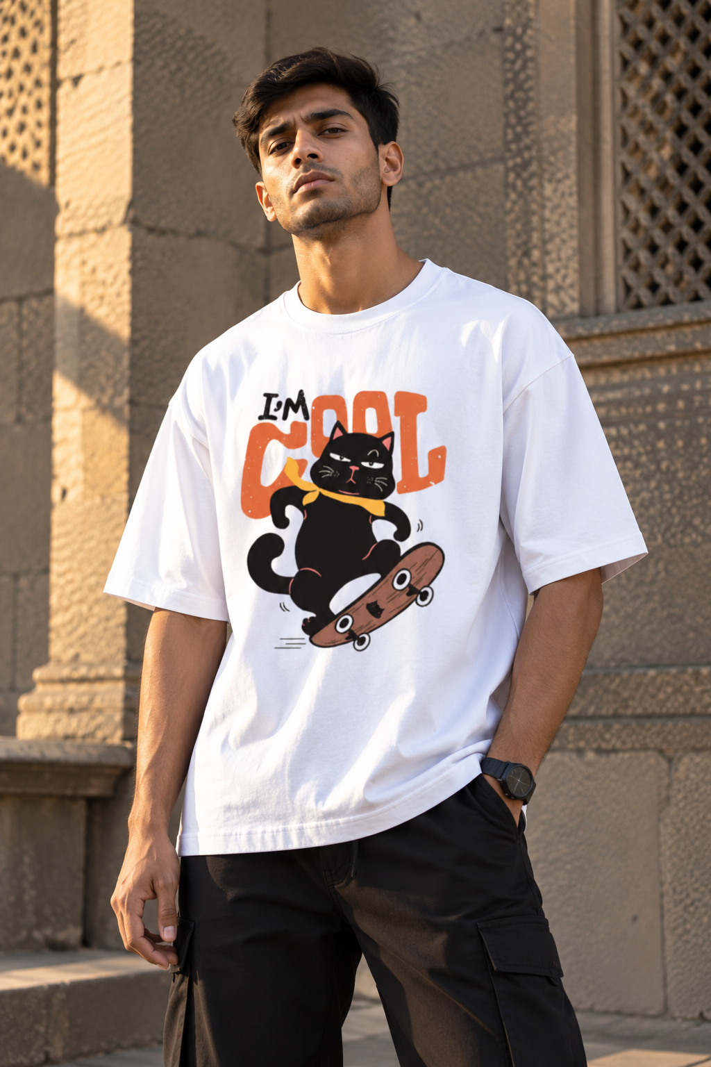 RAJIRU Cool Cat Skateboard oversized graphic T-shirt