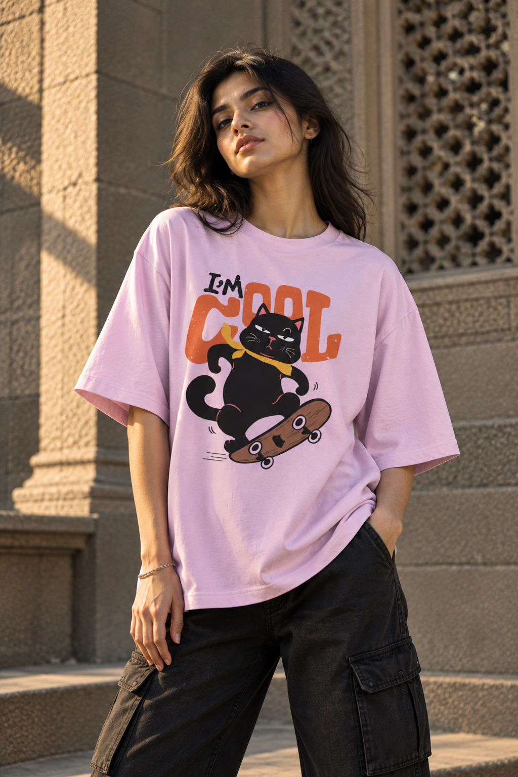 RAJIRU Cool Cat Skateboard oversized T-shirt graphic detail