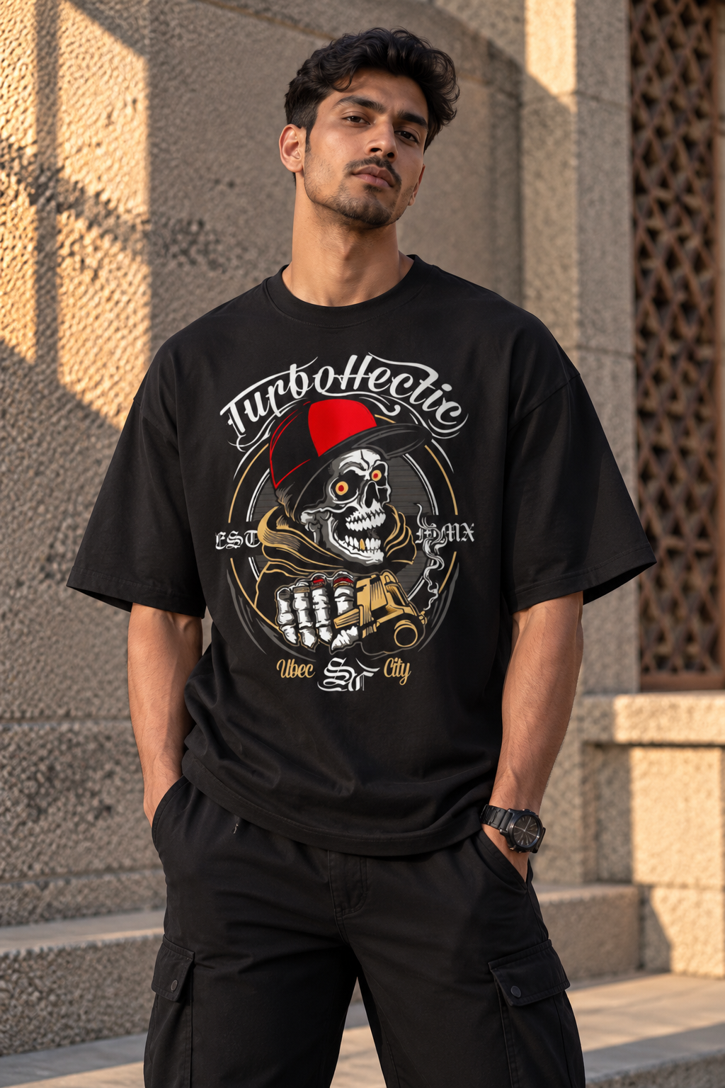 RAJIRU TurboHectic Skull black oversized graphic T-shirt