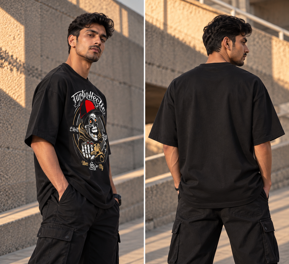 RAJIRU TurboHectic Skull black oversized T-shirt back view