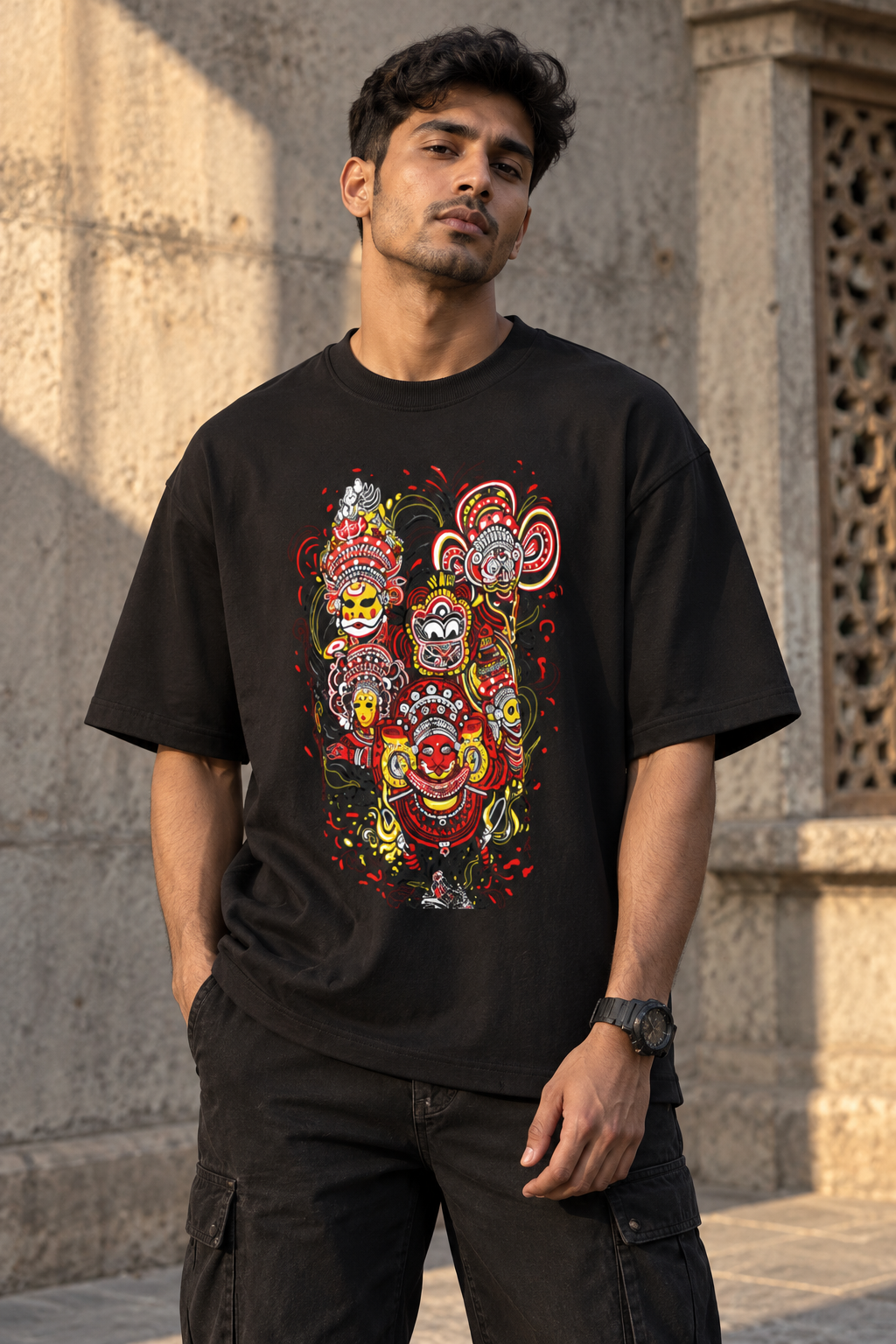 RAJIRU Ritual Faces black oversized graphic T-shirt
