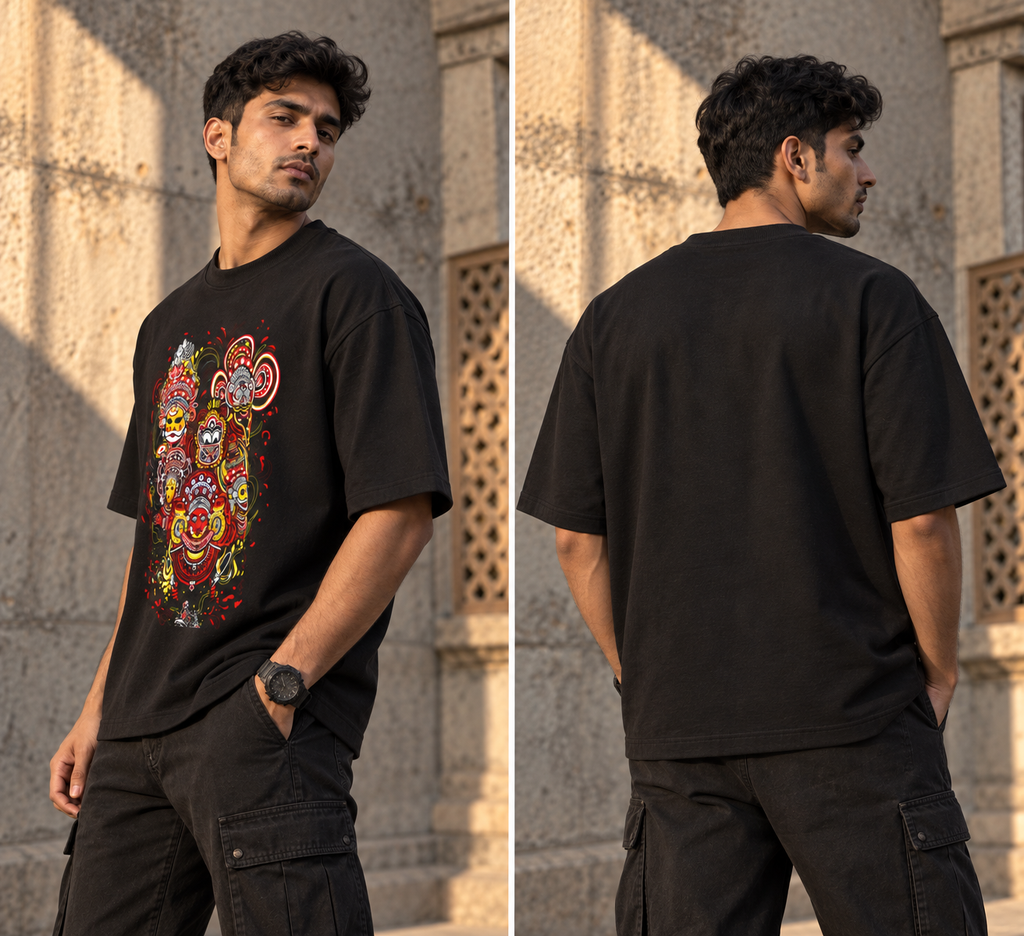 RAJIRU Ritual Faces black oversized T-shirt back view