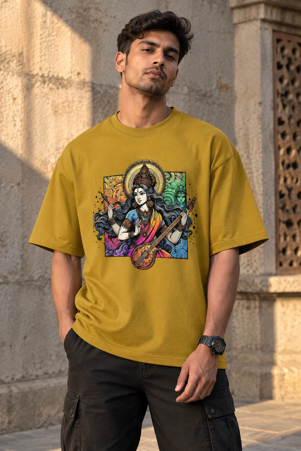 RAJIRU Saraswati Muse mustard oversized graphic T-shirt