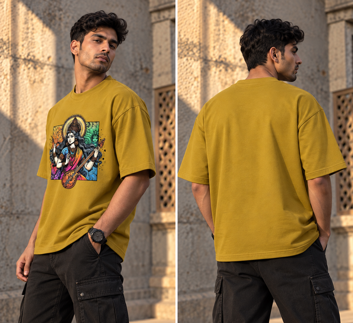 RAJIRU Saraswati Muse mustard oversized T-shirt back view