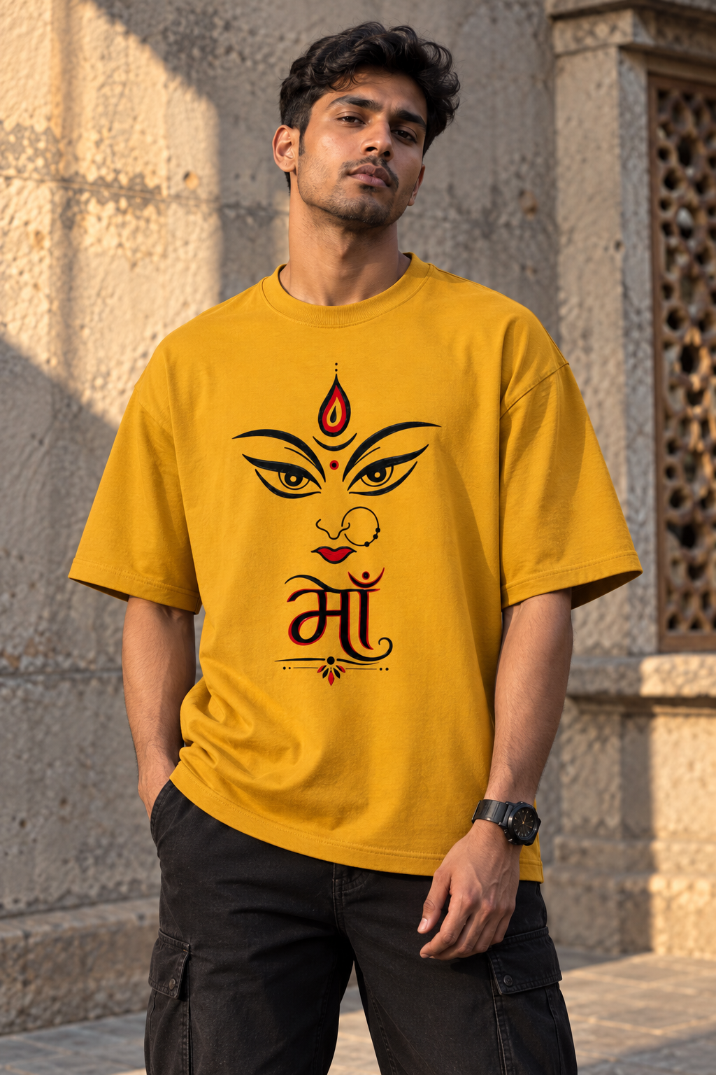 RAJIRU Maa Divine golden yellow oversized graphic T-shirt