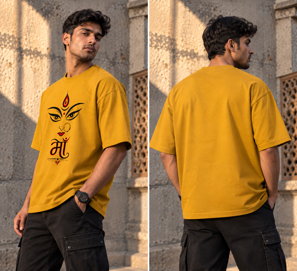 RAJIRU Maa Divine golden yellow oversized T-shirt back view