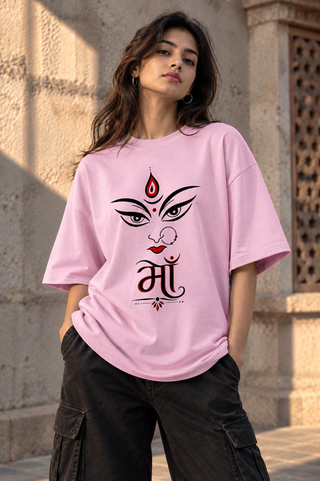 RAJIRU Maa Divine golden yellow oversized T-shirt front view
