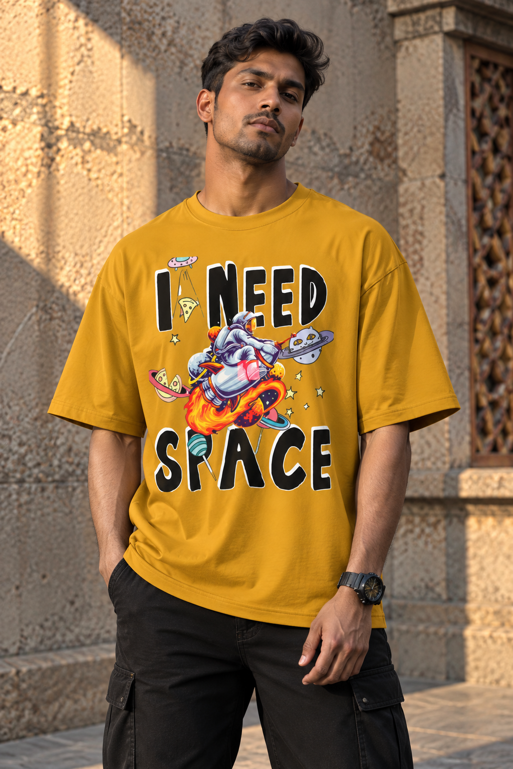 RAJIRU I Need Space mustard oversized graphic T-shirt