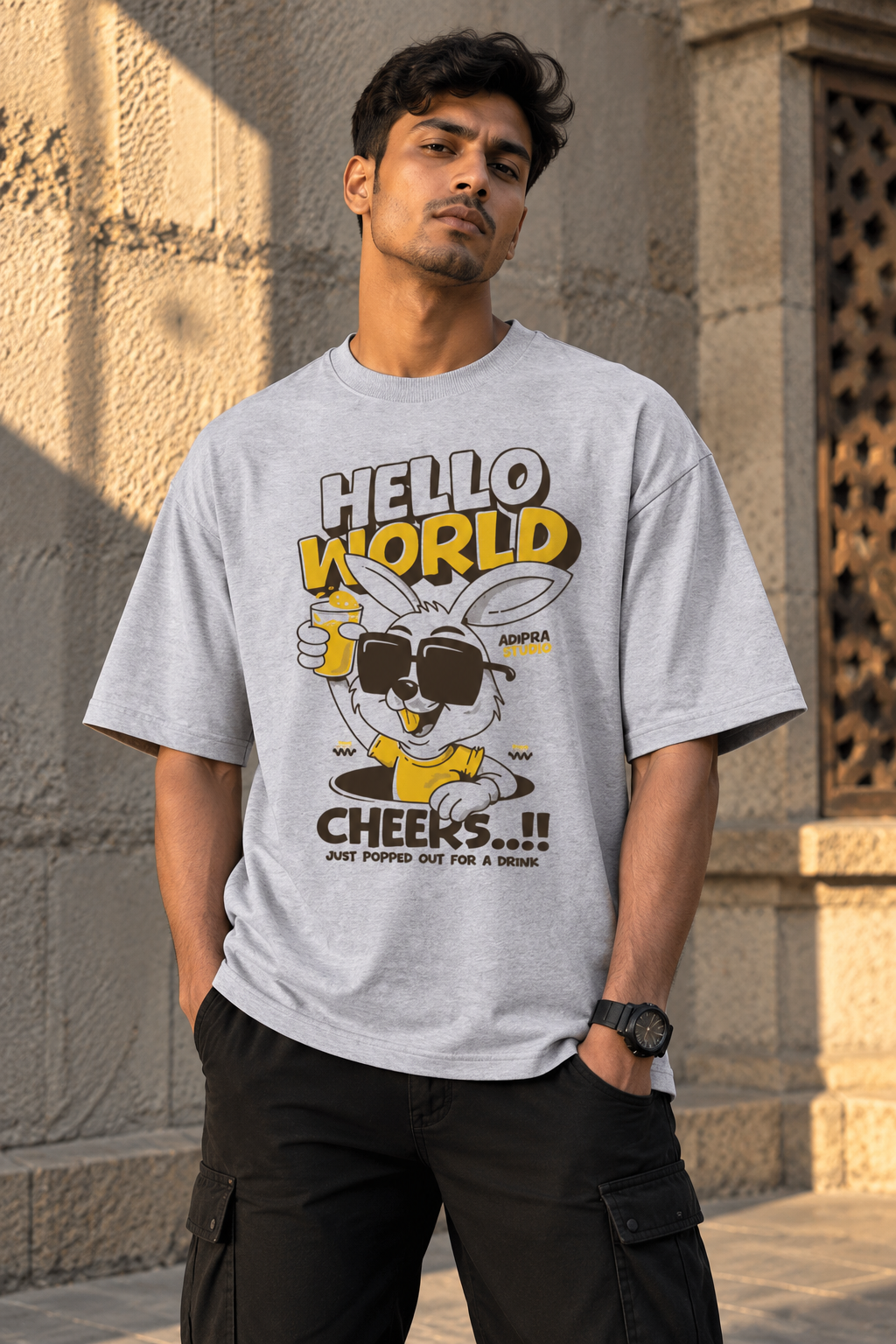RAJIRU Hello World Cheers grey oversized graphic T-shirt