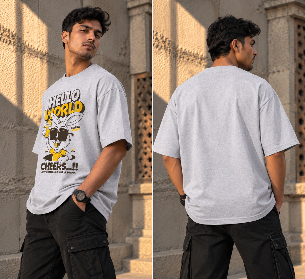 RAJIRU Hello World Cheers grey oversized T-shirt back view