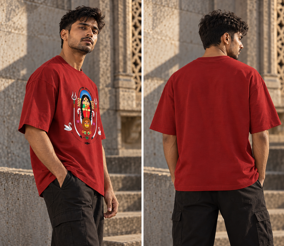 Shakti Heritage Indian folk art oversized graphic t-shirt close view