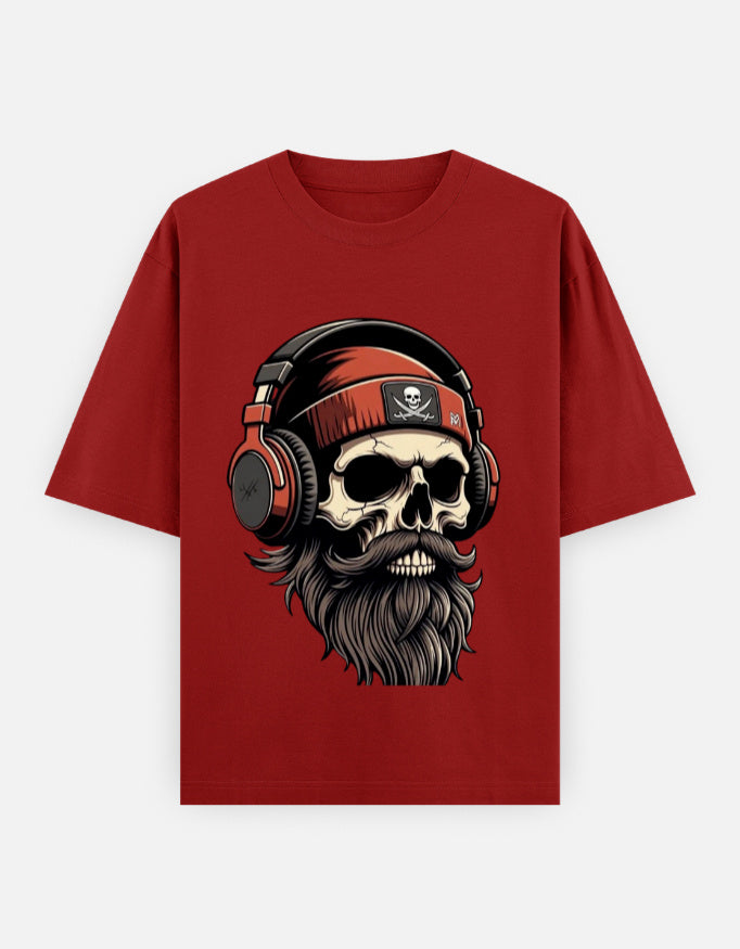 RAJIRU Skull DJ red oversized graphic T-shirt detail view