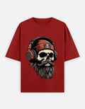 RAJIRU Skull DJ red oversized graphic T-shirt detail view