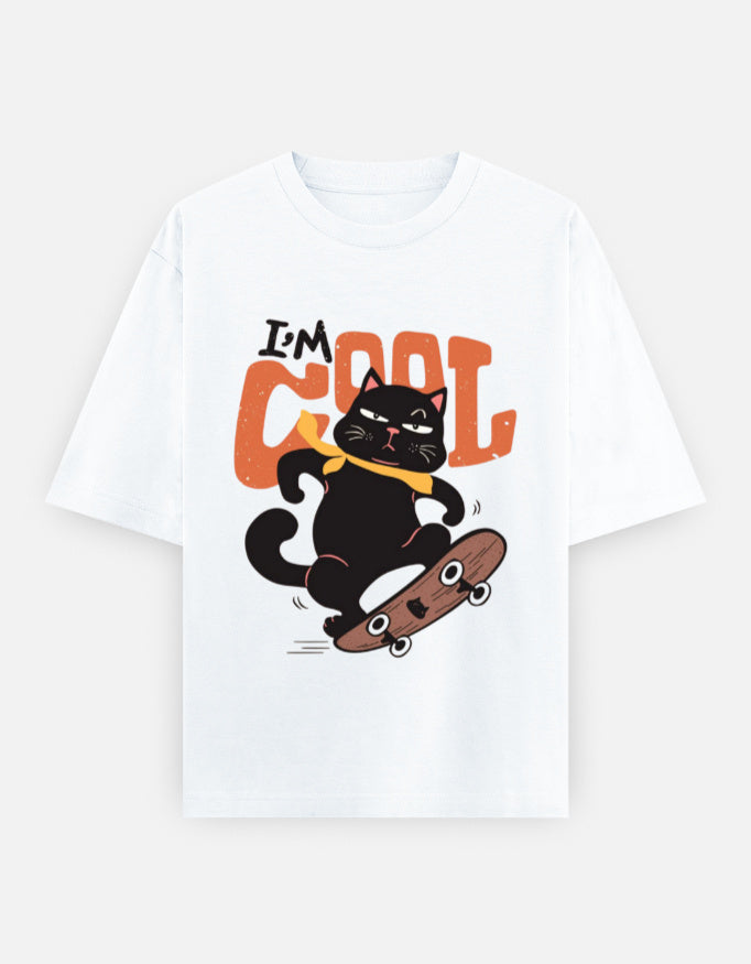 RAJIRU Cool Cat Skateboard oversized T-shirt front view