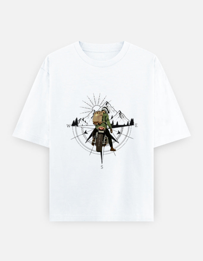 RAJIRU Adventure Compass oversized graphic T-shirt front view