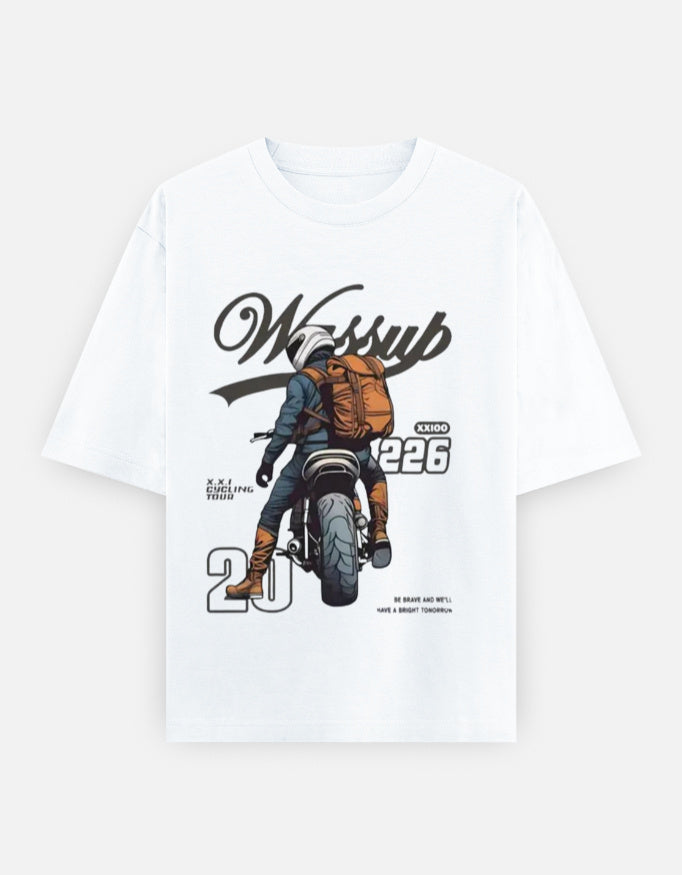 RAJIRU Vintage Motorcycle oversized graphic T-shirt front view