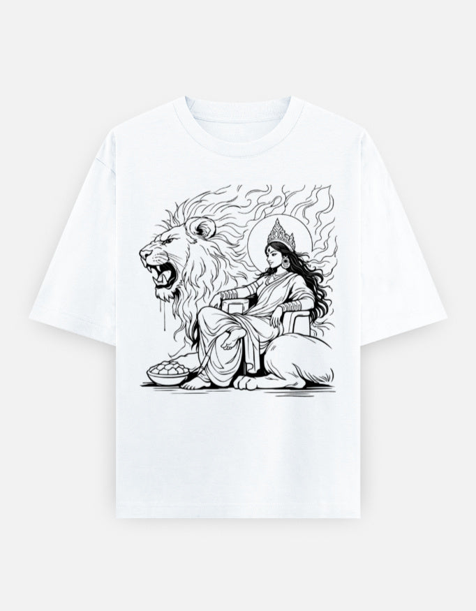 RAJIRU Shakti and Simha mustard oversized T-shirt front view