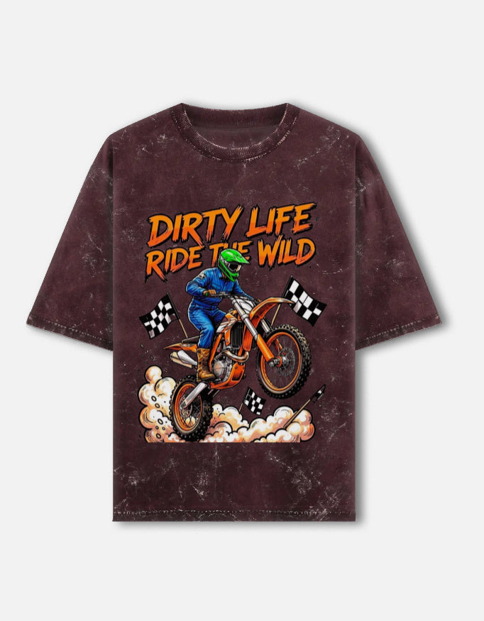 RAJIRU Dirty Life Ride the Wild motocross oversized graphic T-shirt front view