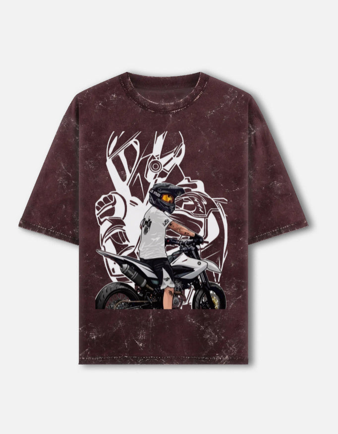 RAJIRU Rider's Legacy motorcycle acid wash oversized T-shirt front view