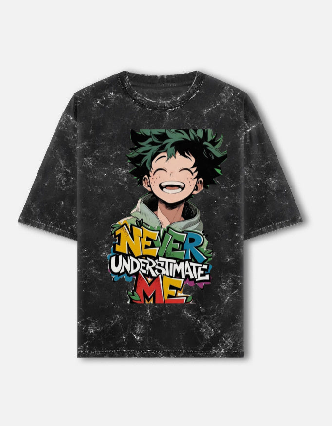 RAJIRU Never Underestimate Me anime acid wash oversized T-shirt front view