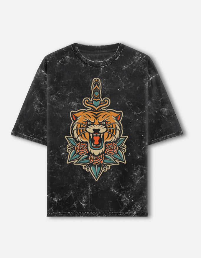RAJIRU TIGER BLADE acid washed oversized T-shirt front view