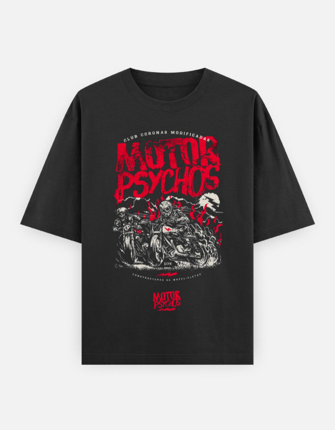 RAJIRU Motor Psychos vintage biker oversized graphic T-shirt front view