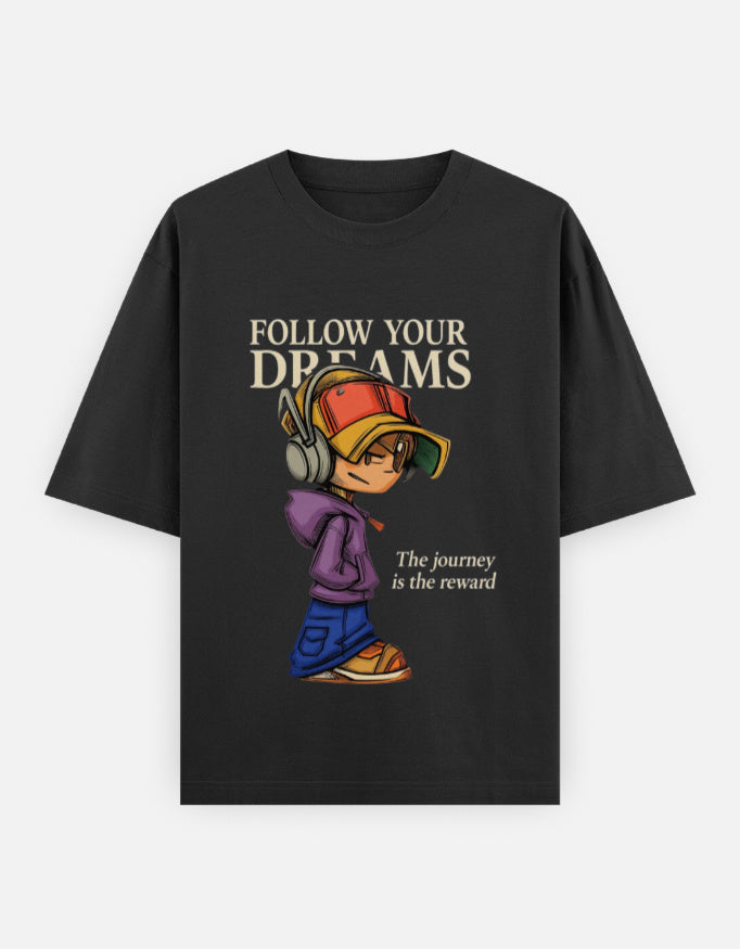 RAJIRU Follow Your Dreams black oversized anime-inspired T-shirt front view
