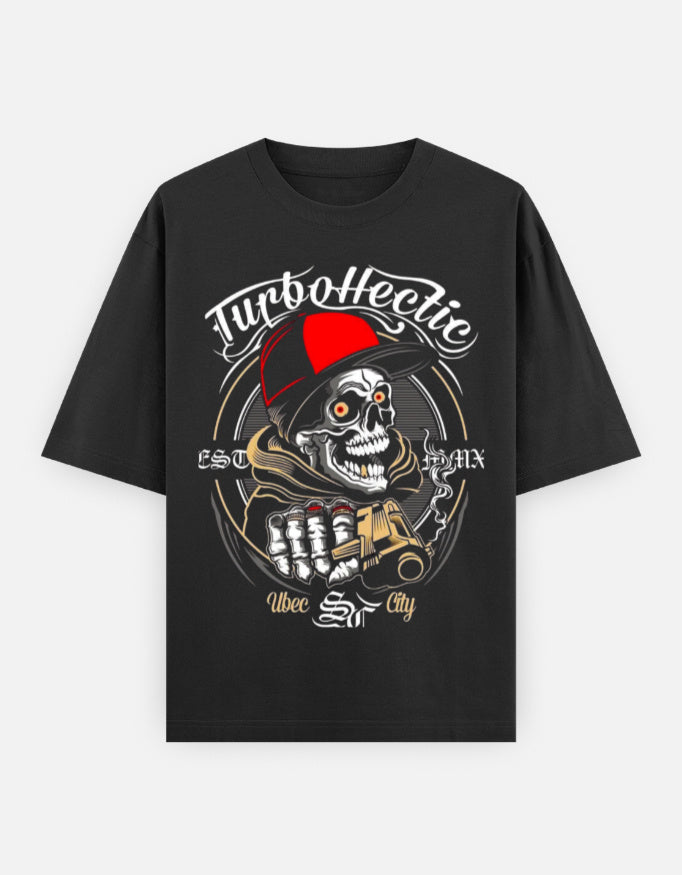 RAJIRU TurboHectic Skull black oversized graphic T-shirt front view