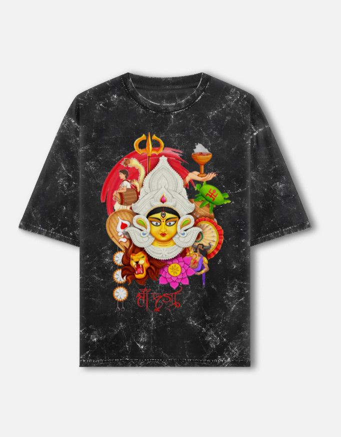 RAJIRU Maa Durga Divine oversized acid-wash T-shirt front view