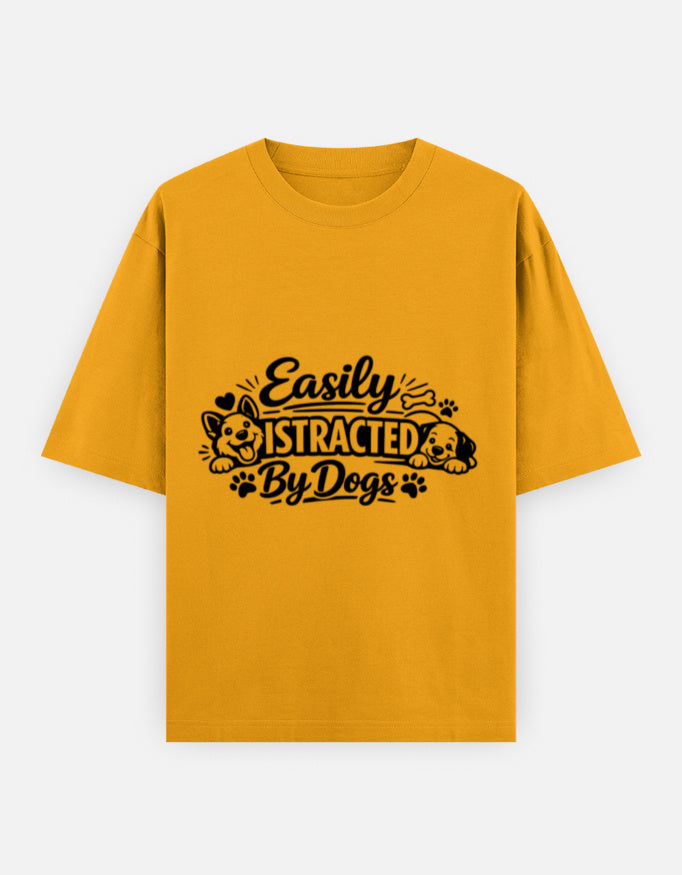 RAJIRU Easily Distracted by Dogs golden yellow oversized graphic T-shirt front view