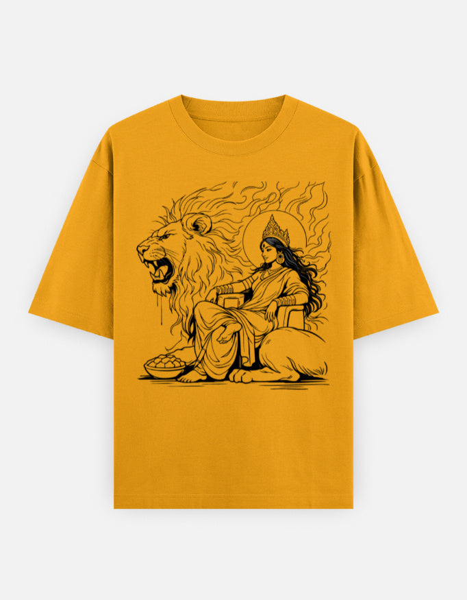 RAJIRU Shakti and Simha mustard oversized T-shirt front view