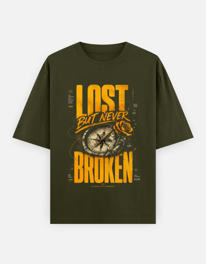 RAJIRU Lost But Never Broken oversized graphic T-shirt front view