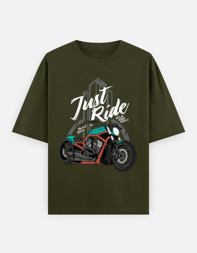 RAJIRU Just Ride Premium motorcycle oversized T-shirt back detail