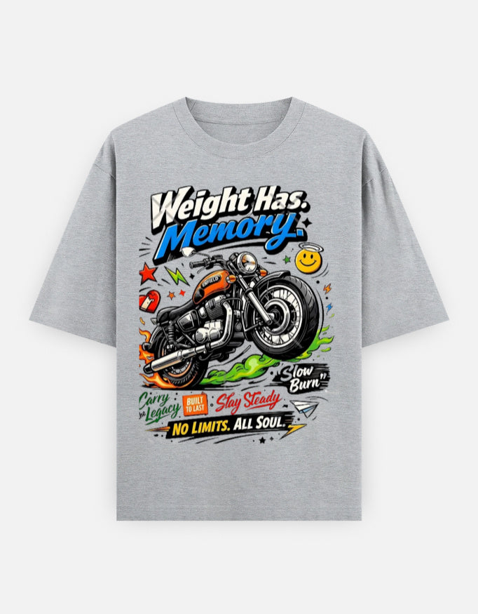 RAJIRU Weight Has Memory vintage motorcycle oversized T-shirt front view