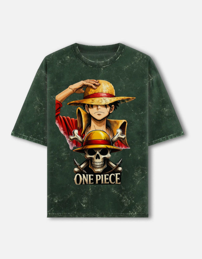 One Piece Luffy Straw Hat RAJIRU acid wash oversized T-shirt front